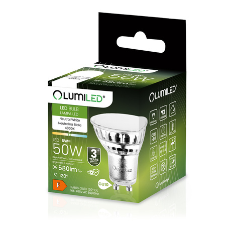 Žárovka LED GU10, 6W = 50W 580lm 4000K neutrální bílá 120° Skleněná LUMILED