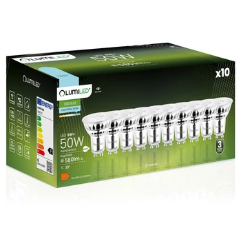 10x Žárovka LED GU10, 6W = 50W 6500K Studená bílá 38° Skleněná LUMILED