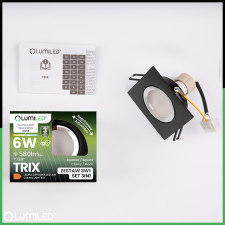 TRIX 3v1 GU10 6W 4000K Black LUMILED čtvercové pohyblivé halogenové svítidlo pro zapuštěnou montáž