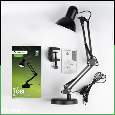 Stolní lampa E27, Černá + držák na stůl TOBI LUMILED