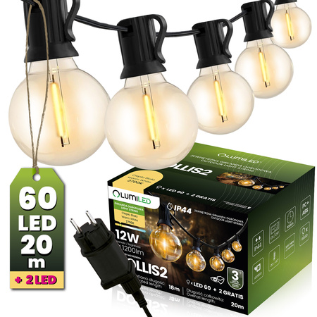 Zahradní venkovní světelný řetěz Girland 20m 60x LED + 2 žárovky 12W Warm 2700K DOLLIS2 LUMILED