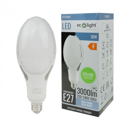 LED žárovka E27 30W 3000lm 6000K studená bílá Rocket + adaptér E40 Ecolight
