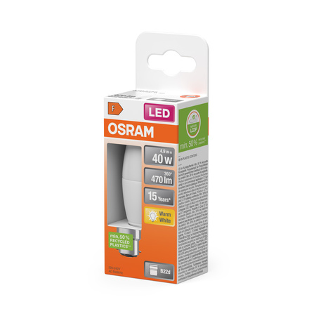 LED žárovka B37 svíčka B22d 4,9W = 40W 470lm 2700K teplá bílá 200° STAR CLASSIC Osram