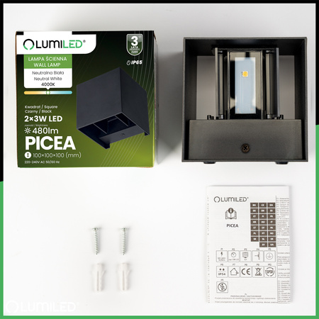 Zahradní nástěnná lampa 2x 3W, nastavitelné nahoru a dolů 4000K Černá PICEA LUMILED