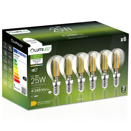 6x LED žárovka E14 Ball P45 2W = 25W 249lm 4000K Neutral 360° FILAMENT LUMILED