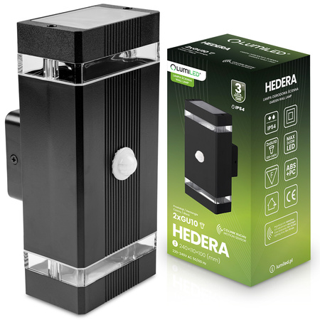 Zahradní nástěnné svítidlo shora dolů 2x GU10 Black Senzor pohybu a soumraku HEDERA LUMILED