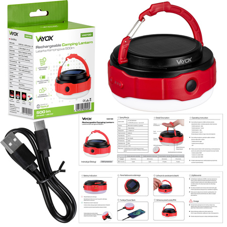 Dobíjecí kempingová svítilna 500lm 3000K-6500K Solární USB-C Powerbank VA0100 VAYOX
