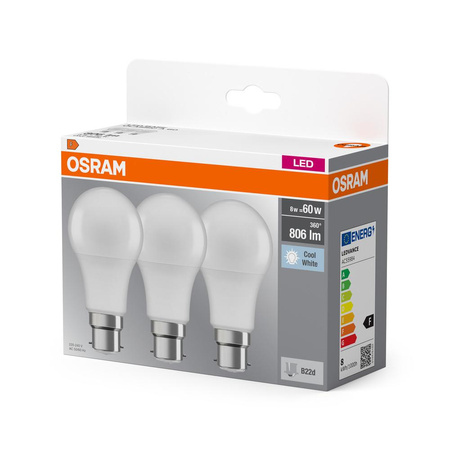 3x LED žárovka A60 B22d 8W = 60W 806lm 4000K Neutral 150° BASE Osram