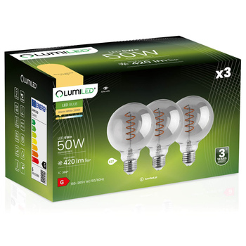 3x dekorativní kulové LED žárovka E27 G95 6W = 50W 420lm 2200K Teplá bílá 360° Filament LUMILED GLOBE Smokey