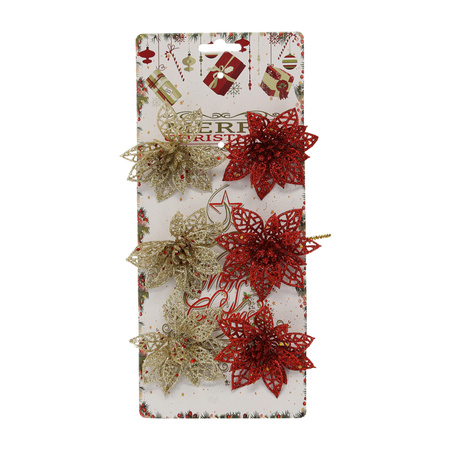 Vánoční ozdoba Poinsettie ČERVENÁ/ZLATÁ Sada 6 ks