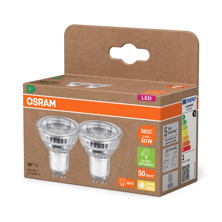 2x LED PAR16 Reflektor GU10 2W = 50W 360lm 2700K Teplá 36° 180lm/W ENERGETICKÁ ÚSPORNOST Osram