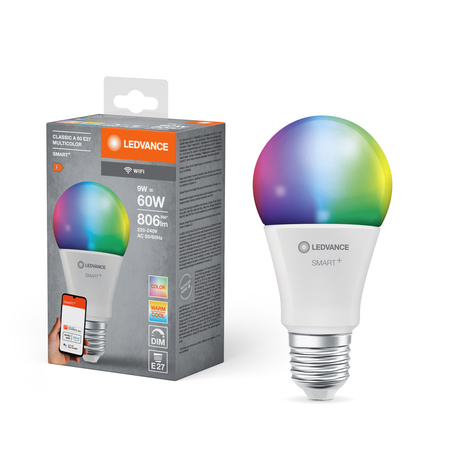E27 A60 LED žárovka 9W 806lm CCT RGBW LEDVANCE SMART+ WiFi Stmívatelné