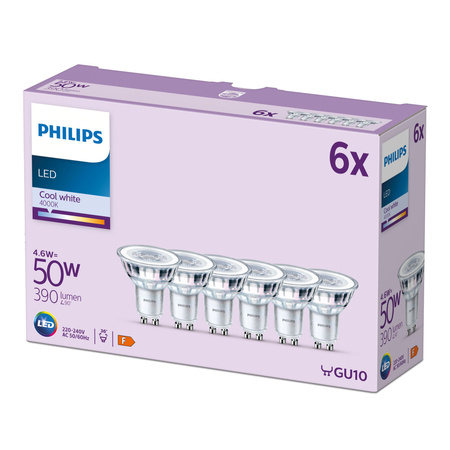 6x LED halogenová žárovka GU10 PAR16 4,6W = 50W 390lm 4000K Neutrál 36° PHILIPS