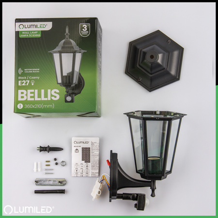 Zahradní nástěnná lampa snímač pohybu, E27 lucerna Černá BELLIS LUMILED