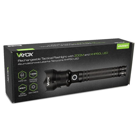 ZOOM LED XHP70 taktická svítilna 25W 2000lm 3 REŽIMY 1000m IP67 hliník VA0021 VAYOX