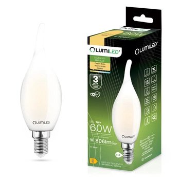 Žárovka LED Plamínek BA35, E14 7W = 60W 806lm 3000K Teplá bílá 360° Filament Mléčná LUMILED