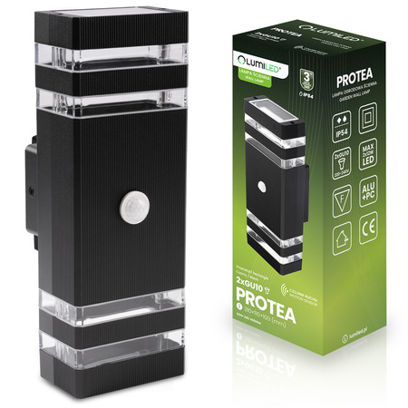 Zahradní nástěnné svítidlo shora dolů 2xGU10 Black Senzor pohybu a soumraku IP54 PROTEA LUMILED