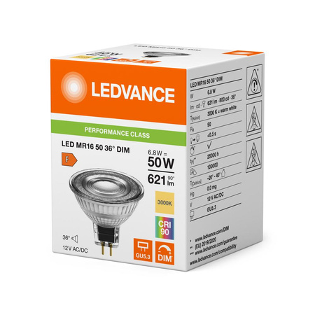 LED reflektorová žárovka GU5.3 MR16 6,8W = 50W 621lm 3000K Warm 36° CRI90 12V stmívatelná Ledvance