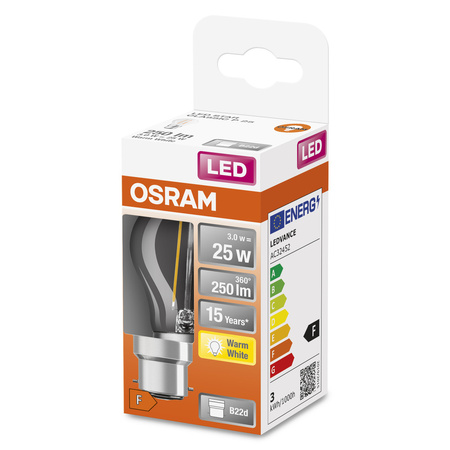 LED žárovka P45 kapka B22d 2,5W = 25W 250lm 2700K teplá bílá 300° Retrofit Filament CLASSIC Osram