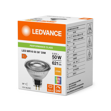 LED reflektorová žárovka GU5.3 MR16 6,8W = 50W 621lm 2700K teplá bílá 36° CRI90 12V stmívatelná Ledvance