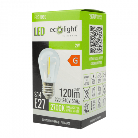 LED žárovka Edison S14 E27 2W 120lm 2700K teplá bílá FILAMENT Ecolight