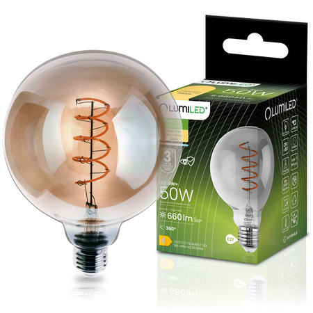 LED žárovka E27 Sphere G125 6W = 50W 660LM 2200K teplá bílá 360° Smoke Filament LUMILED
