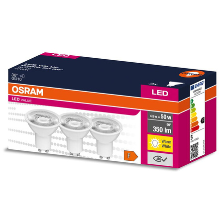 3x LED žárovka GU10 4.5W = 50W 350lm 2700K Teplá bílá 36° OSRAM HODNOTA
