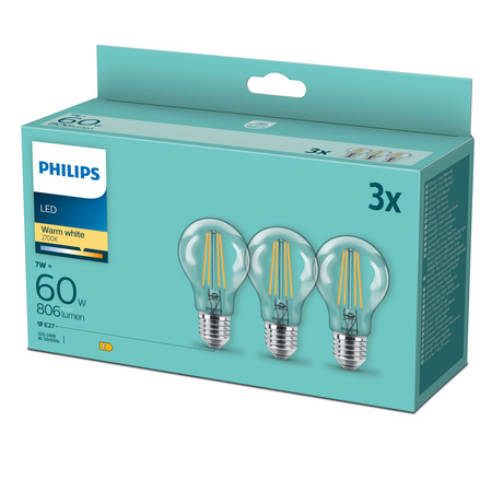 3x LED žárovka E27 A60 7W = 60W 806lm 2700K Warm Filament PHILIPS