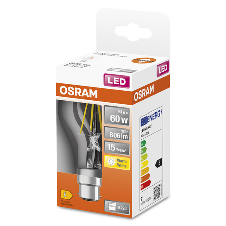 LED žárovka A60 B22d 6,5W = 60W 806lm 2700K Warm 300° Retrofit Filament CLASSIC Osram