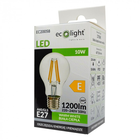 LED žárovka A60 E27 10W 1200lm 2700K Warm FILAMENT Ecolight