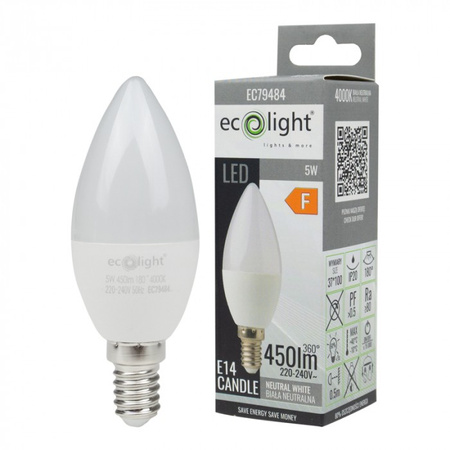 LED žárovka svíčka B37 E14 5W 450lm 4000K neutrální bílá Ecolight