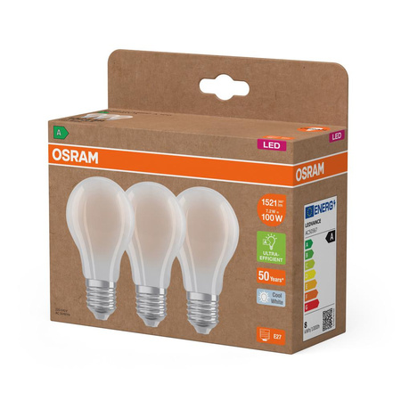 3x LED žárovka A60 E27 7,2W = 100W 1521lm 4000K Neutrální 320° vlákno CLASSIC ENERGETICKÁ ÚSPORNOST Osram