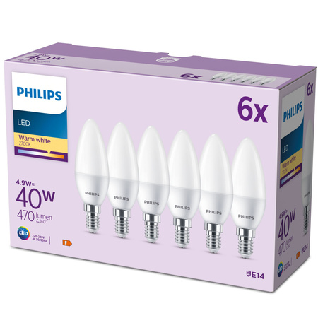 6x LED žárovka E14 B35 4,9W = 40W 470lm 2700K teplá bílá matná PHILIPS