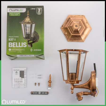 Zahradní nástěnná lampa snímač pohybu, E27 lucerna BELLIS LUMILED