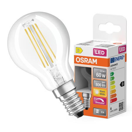 LED žárovka E14 P45 CL 6,5W = 60W 806lm 2700K Warm 320° Filament Stmívatelná OSRAM SUPER STAR