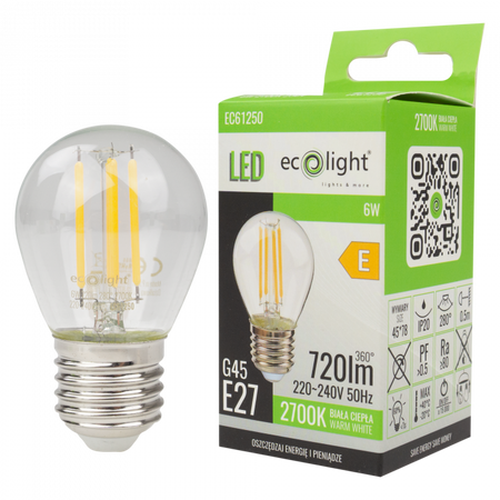 LED žárovka Ball P45 E27 6W 720lm 2700K Warm FILAMENT Ecolight