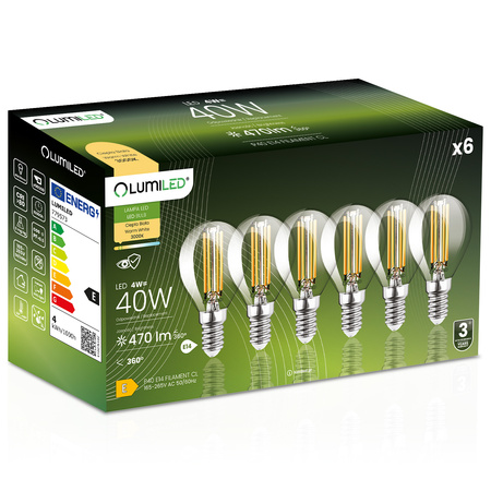 6x LED žárovka E14 Ball P45 4W = 40W 470lm 3000K Warm 360° FILAMENT LUMILED