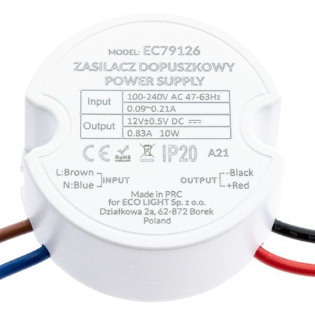 LED zdroj pro 10W box fi 60 0.83A 12V DC IP20