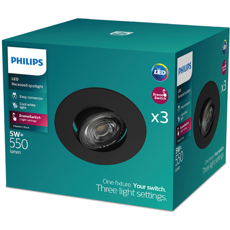 3x LED vestavné svítidlo 5W 550lm 4000lm Neutrální neutrální pohyblivé kulaté černé stmívatelné 3STEP SceneSwitch Cilantro Philips