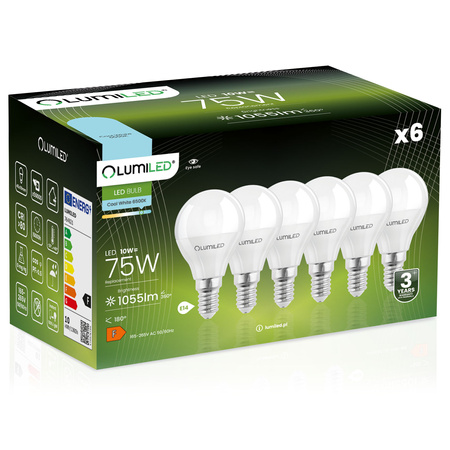 6x Žárovka LED E14, P40 10W = 75W 1055lm 6500K Studená bílá 180° LUMILED