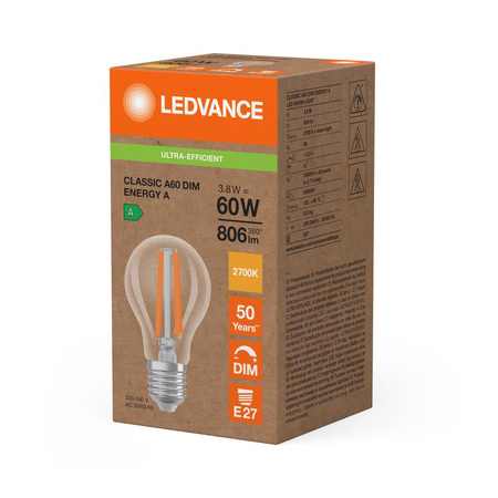 LED žárovka E27 A60 3,8W = 60W 806lm 2700K teplá bílá 320° stmívatelná Ledvance