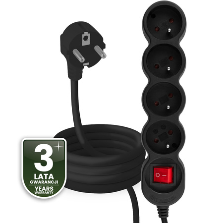 Síťový prodlužovací kabel s uzemněním 4 zásuvky 3m vypínač černý Lendo Lumiled Cord