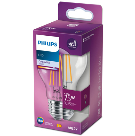 LED žárovka E27 A60 8.5W = 75W 1055lm 4000K neutrální bílá vlákno PHILIPS