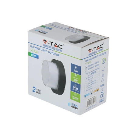 LED nástěnné svítidlo 12W 3000K IP65 černé kulaté VT-828 V-TAC