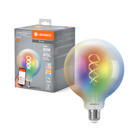 LED žárovka E27 4,8W = 40W 470lm RGBW CCT Stmívatelná SMART+ WiFi Filament Globe Ledvance