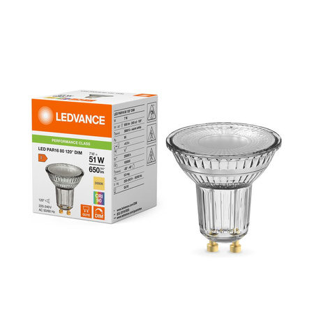 LED reflektorová žárovka GU10 PAR16 7W = 51W 650lm 3000K teplá 120° CRI90 stmívatelná Ledvance