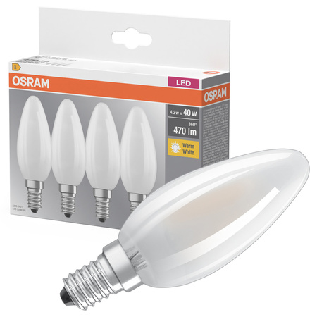 4x LED žárovka B35 svíčka E14 4W = 40W 470lm 2700K teplá bílá 300° BASE Osram