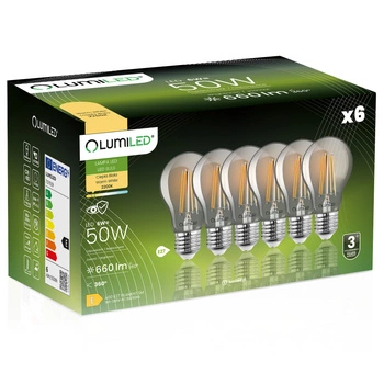 6x Žárovka LED A60, E27 7W = 60W 770lm 4000K Neutrální bílá 360° Filament LUMILED