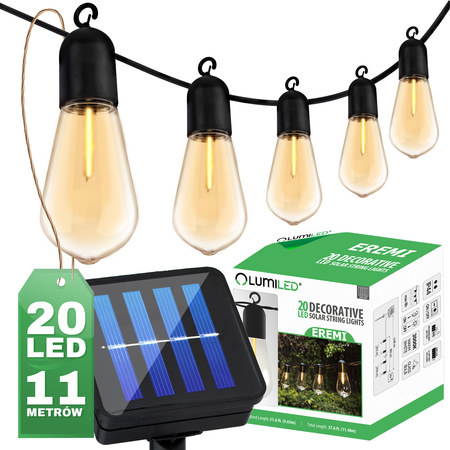 LED Solární řetěz, 20x LED Ozdobné Žárovky Edison ST58 11.48m 3000K Teplá bílá EREMI LUMILED