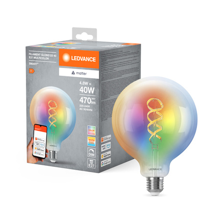 LED žárovka E27 4,8W = 40W 470lm RGBW CCT Stmívatelná SMART+ WiFi Filament Globe Ledvance